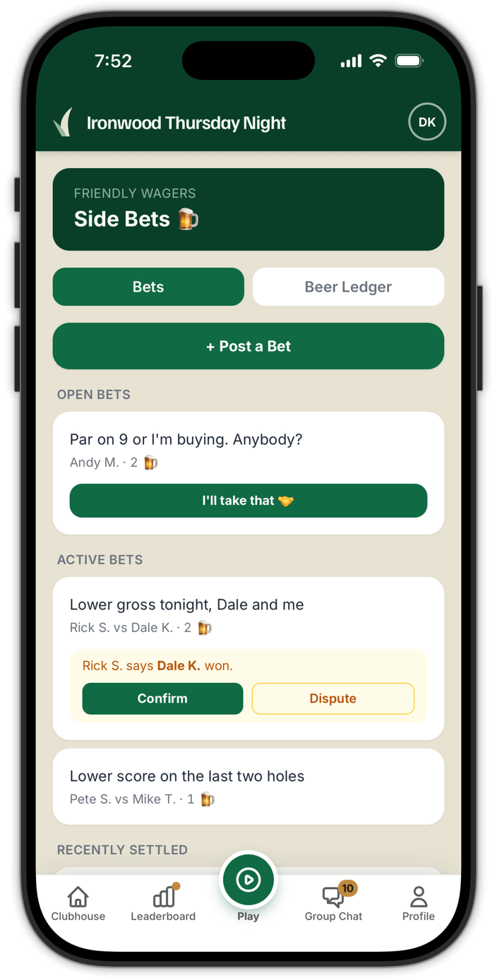 Side Bets: an open bet anyone can take, and Rick reporting that Dale won their bet for two beers, waiting on Dale to confirm.